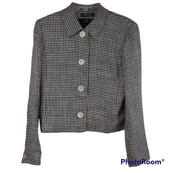Lauren Ralph Lauren Pointy Collar Off-White/Black Linen Houndstooth Short Jacket - Picture 1 of 10